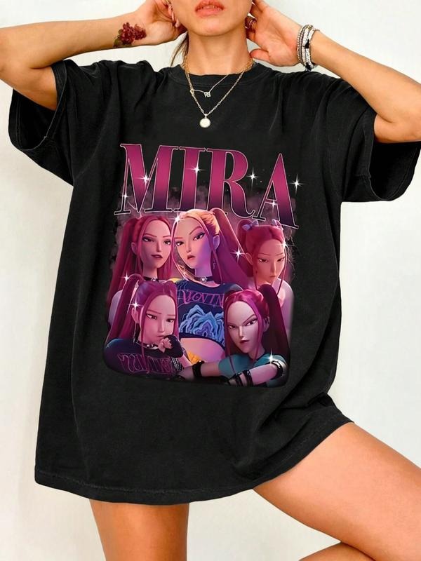 Mira Huntrix Kpop Demon Hunter T-Shirt, Casual Loose-Fitting Cartoon Letter Pattern, K-Pop Idol Group Shirt, Mira Rumi...