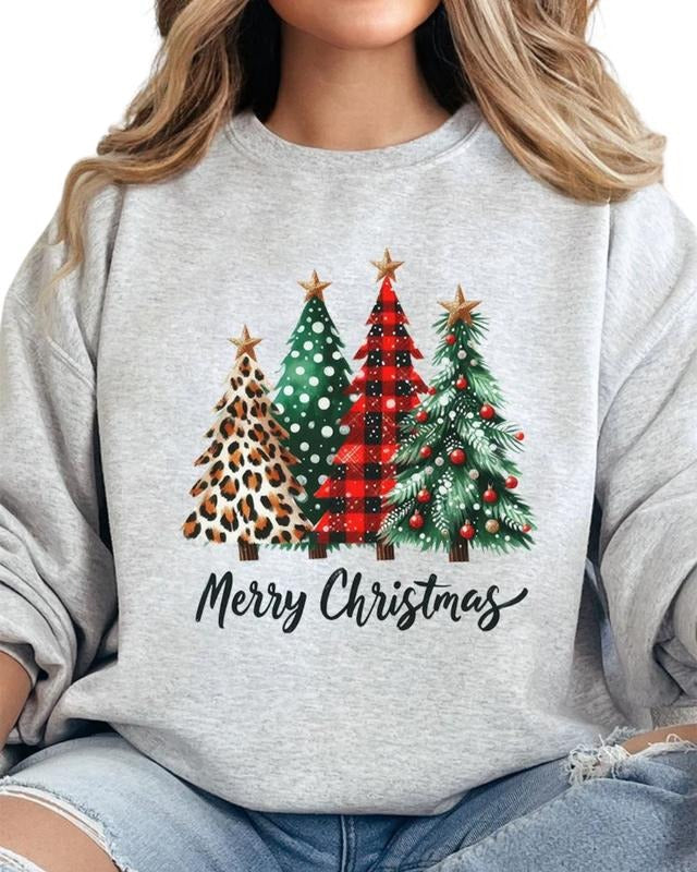 Mixed Print Trees Merry Christmas Heavy-weight Crew Sweatshirt FALL NURSING T-Shirts, Hoodie | HypeCrazeTee.com