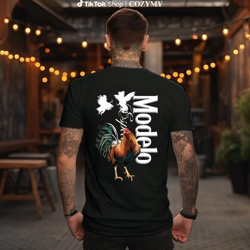 Modelo Rooster Graphic T-Shirt Featuring Bold Fighting Cocks Design Ideal For Beer Lovers And Fiesta Fans With...
