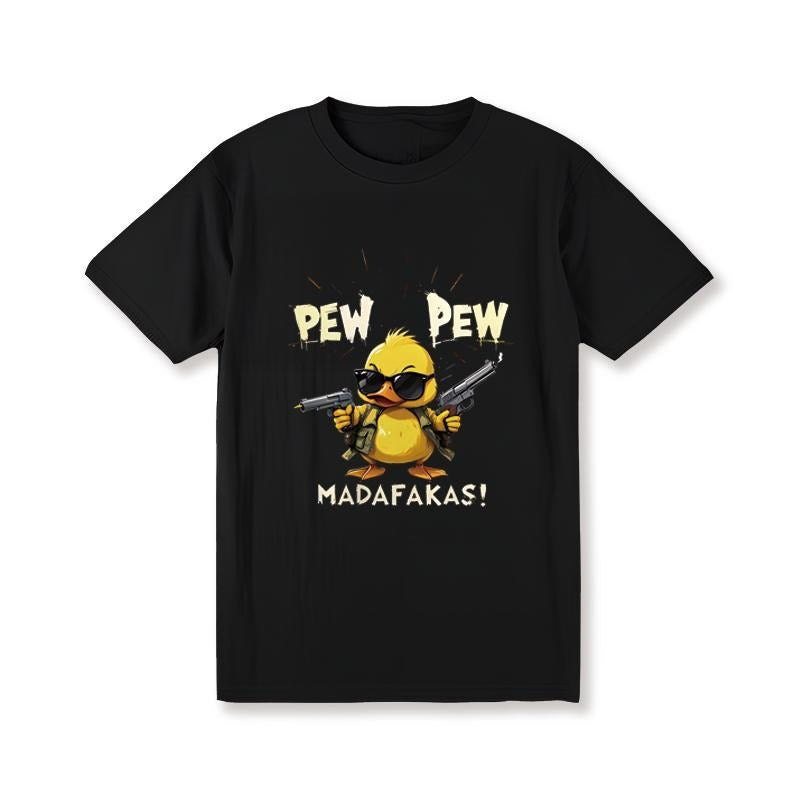 [Moisture Wicking Fabric] Men's "PEW PEW" Cool Duck Graphic T-Shirt - Casual Black Round Neck Short Sleeve Tee ,...