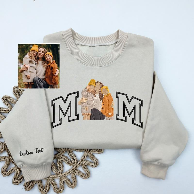 Mom Portrait Embroidered Sweatshirt With Child Name On Sleeve, Custom Mother's Day Portrait Crewneck Sweatshirt, Gifts...