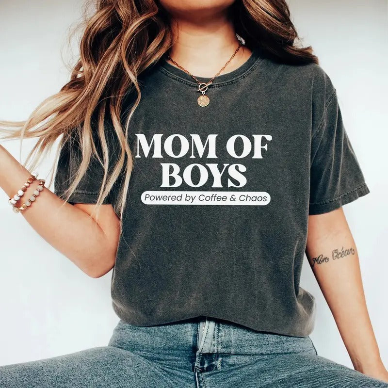 Mom of Boys Shirt | Powered by Coffee & Chaos | Funny Boy Mom T-shirt | Mom Life Shirt | Mothers Day Gift Hoodie, Sweatshirt