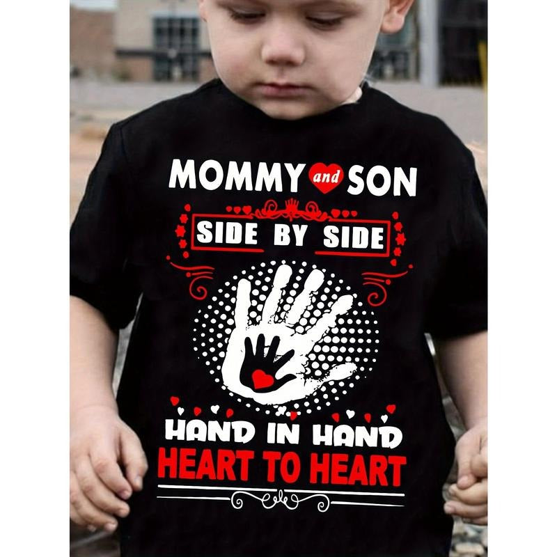 Mommy and Son Side by Side Handprint Heart Print T-Shirt, 100% Cotton Crew Neck Casual Tee for Boys, All-Season Knit...