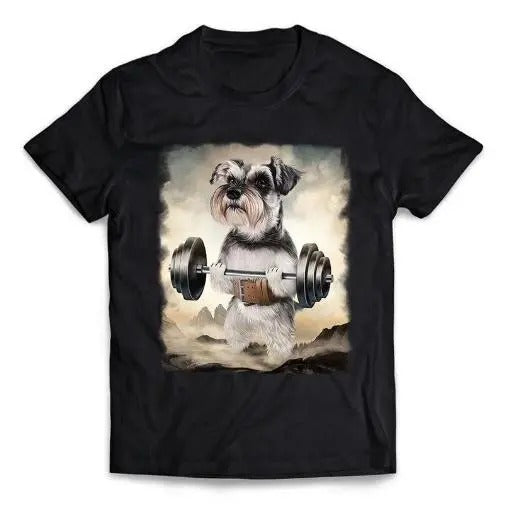Monster Schnauzer Dog Weightlifting in Mountainous Outdoor - Short-Sleeve Unisex T-Shirt Made in USA Hoodie, Sweatshirt