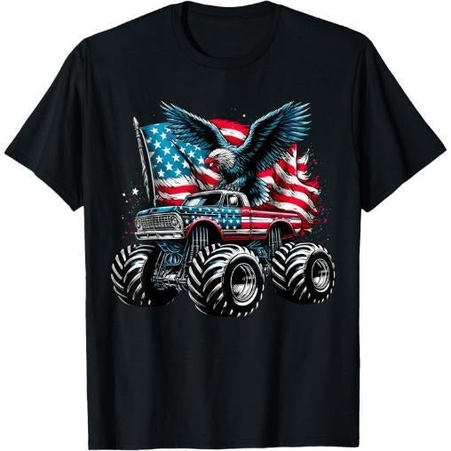 Monster Truck Bald Eagle 4th of July Boys American Flag T-Shirt Made in USA Hoodie, Sweatshirt | HypeCrazeTee.com