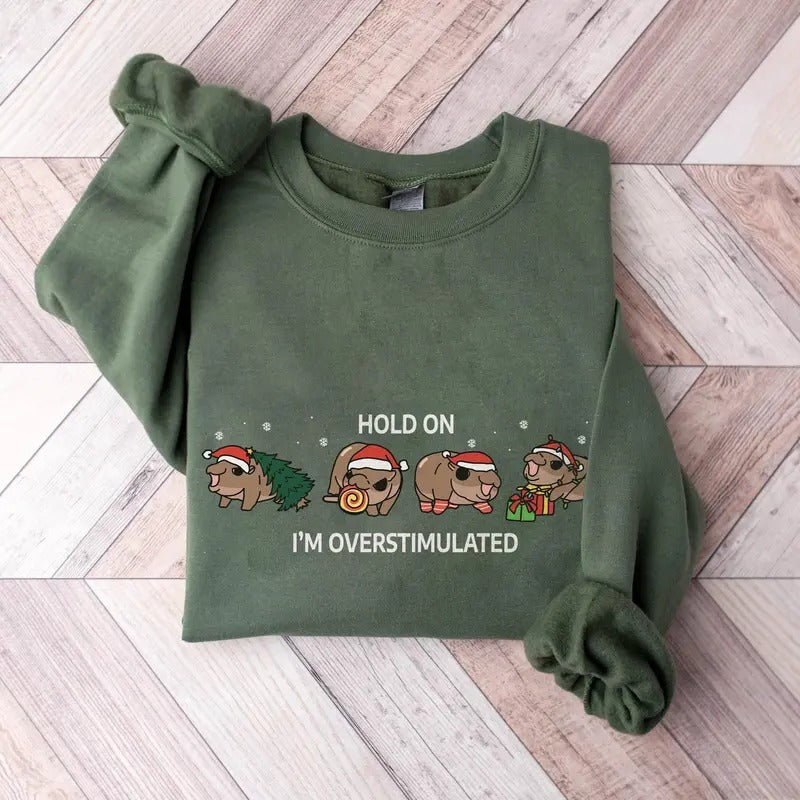 Moo Deng Christmas Sweatshirt, Trendy Animals Christmas Shirt, Baby Pygmy Hippo Moo Deng Christmas Shirt, Women Christmas...