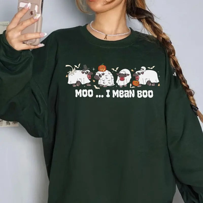 Moo Deng Halloween Sweatshirt , Moo I Mean Boo Shirt, Spooky Baby Pygmy Hippo, Funny Halloween TShirt, Cute Moo Deng Tee...