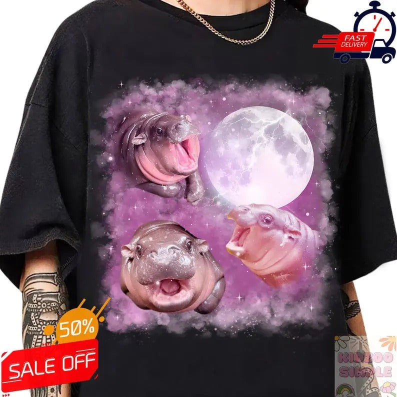Moo Deng Moon Shirt, Funny Baby Hippo Shirt, Moo Deng Bootleg Rap Tee, 3 Moon-Deng, Baby Pygmy Hippo Tee, Three Moo Deng...