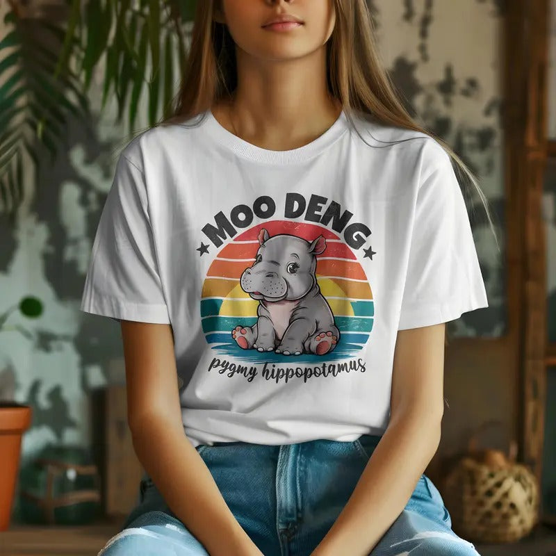 Moo Deng Shirt Cute Baby Hippo Gift Hippo Lover T-Shirt Pygmy Hippopotamus Tshirt Thailand Zoo Tiny Hippo Retro Sunset...