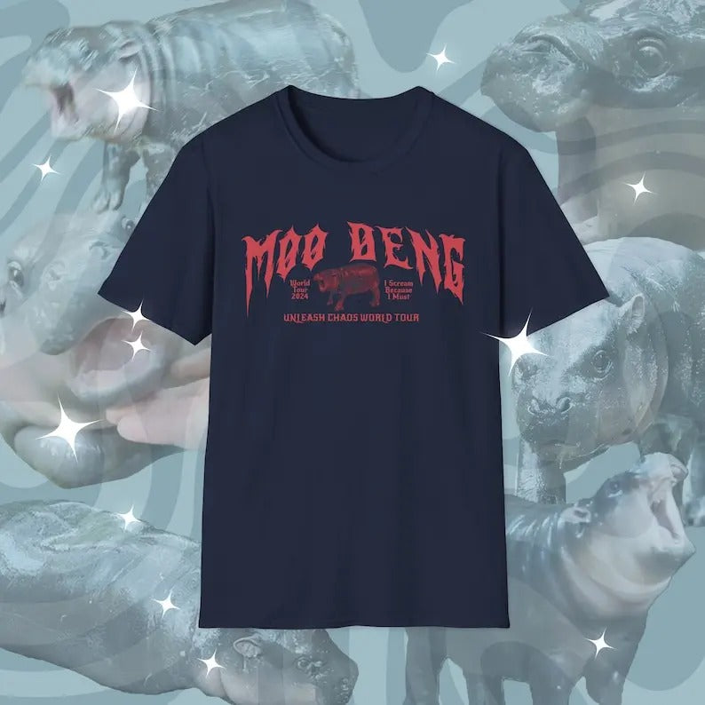Moo Deng World Tour Metal Shirt | Retro Moo Deng Gift Unisex Softstyle T-Shirt Hoodie, Sweatshirt | HypeCrazeTee.com