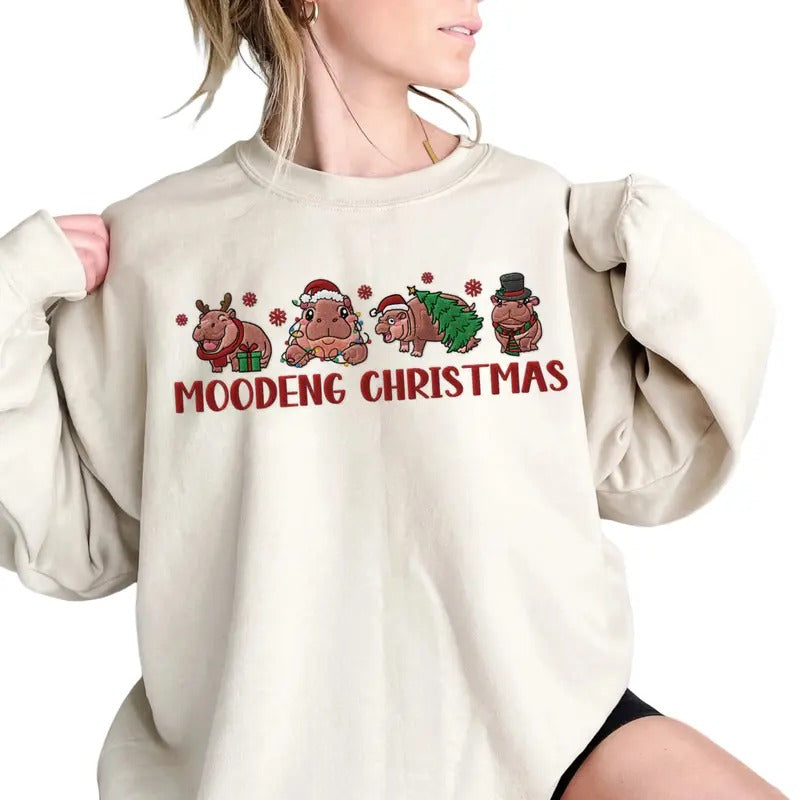 Moodeng Christmas Embroidered T-Shirt, Funny Baby Hippo Moo Deng Tee, Holiday Unisex Sweatshirt and Hoodie | HypeCrazeTee.com
