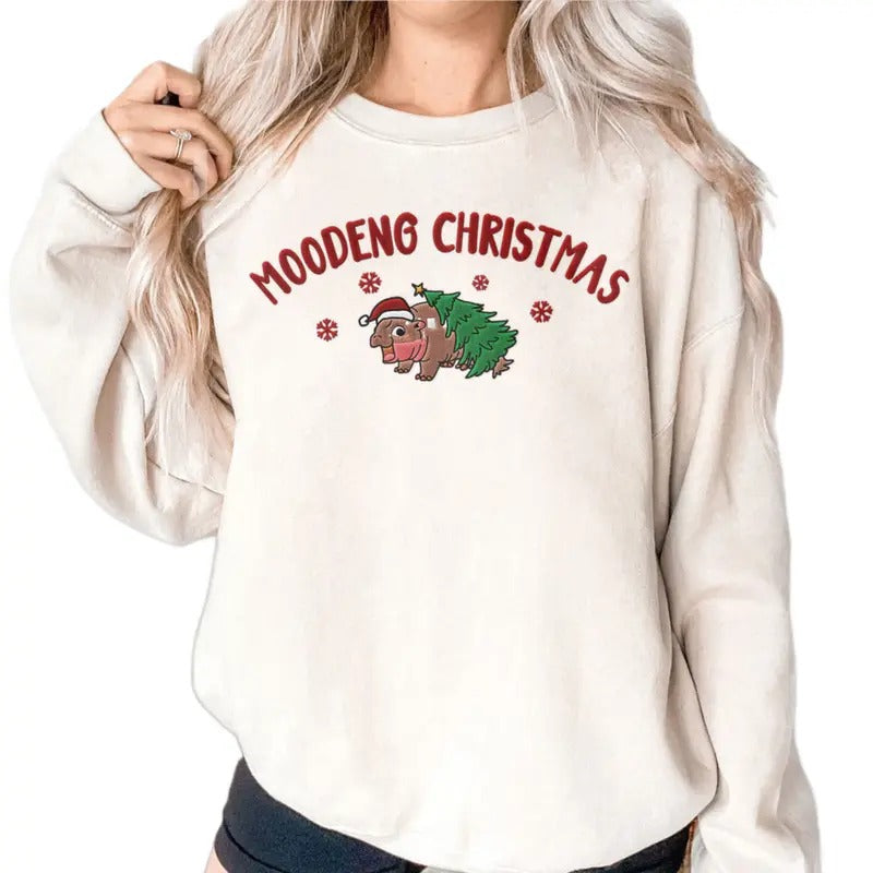 Moodeng Christmas Shirt, Embroidered T-shirt, Holiday Unisex Sweatshirt, Funny Baby Hippo Tee Hoodie | HypeCrazeTee.com