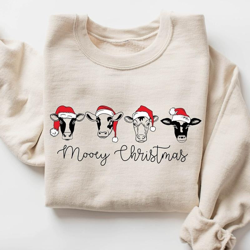 Mooey Christmas Crewneck Sweatshirt, Сute Christmas Cows Hoodie, T-shirt | HypeCrazeTee.com