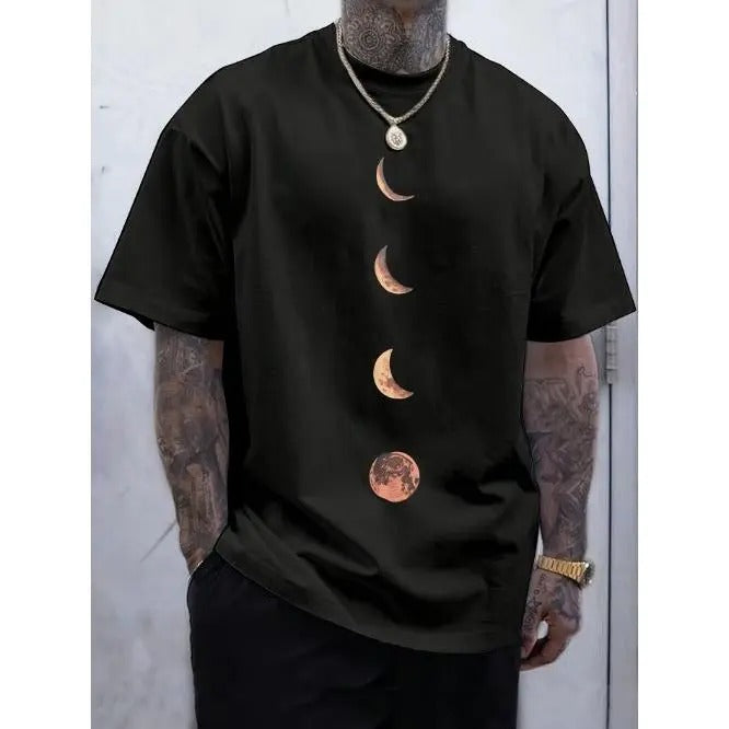 Moons Print Men's Crew Neck Fashionable Short Sleeve Sports T-shirt, Comfortable And Versatile, For Summer And Spring,...