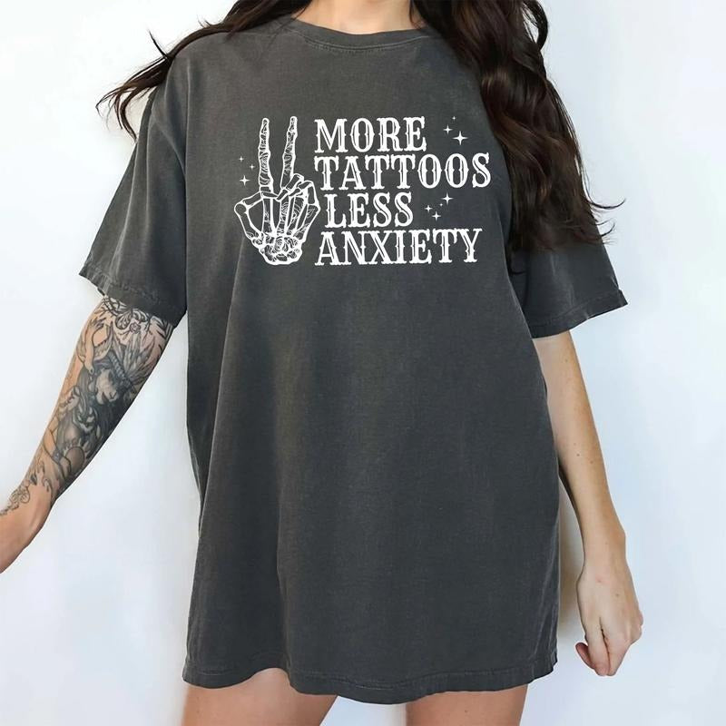 More Tattoos Less Anxiety Shirt, Tattoos Are Trashy Tee, Funny Sayings Tee For Women, Gothic Skeleton Tattoos Graphic...