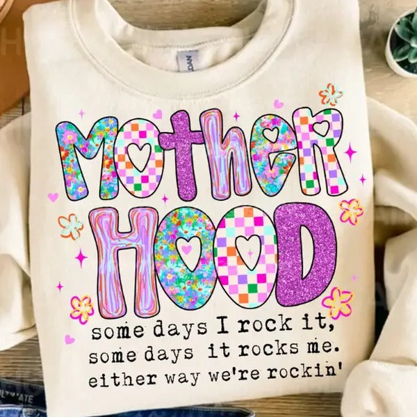 Motherhood Coquette Bow Checker Shirt, Neon Mother hood Shirt, Funny Mom Hoodie, Sweatshirt | HypeCrazeTee.com