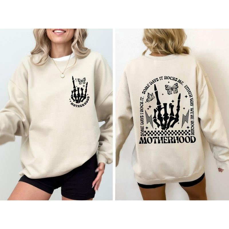 Motherhood Rocks, Mother's Day, Skeleton, Trend Sweatshirt, Women's Crew Neck, Crewneck T-Shirts, Hoodie | HypeCrazeTee.com