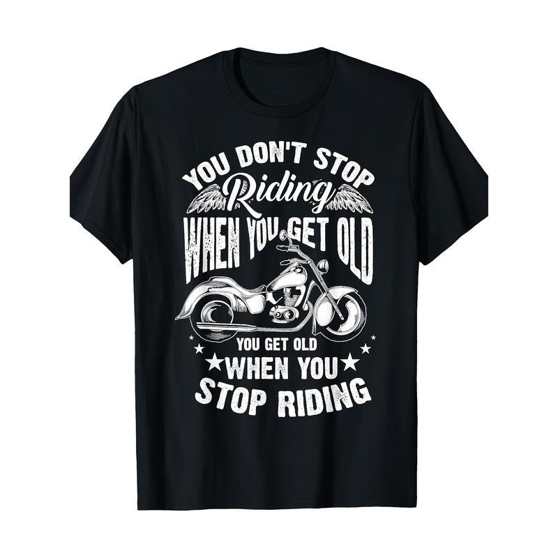 Motorcycle-Themed Crew Neck T-Shirt, 100% Cotton, Regular Fit, Short Sleeve, Basic Geometric Pattern, Slight Stretch...