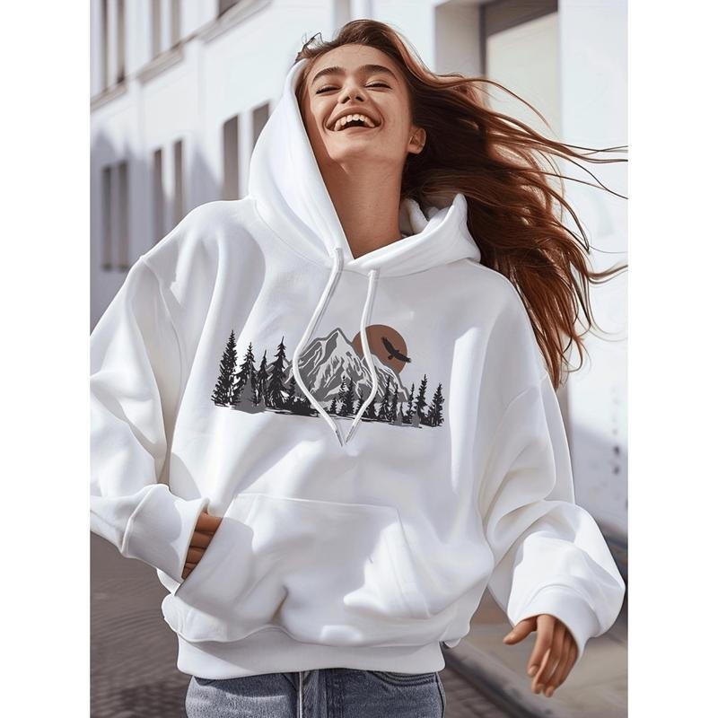 Mountain Print Hoodie, Drawstring Casual Hooded Sweatshirt For Winter & Fall, Women's Clothing Hoodie T-Shirts