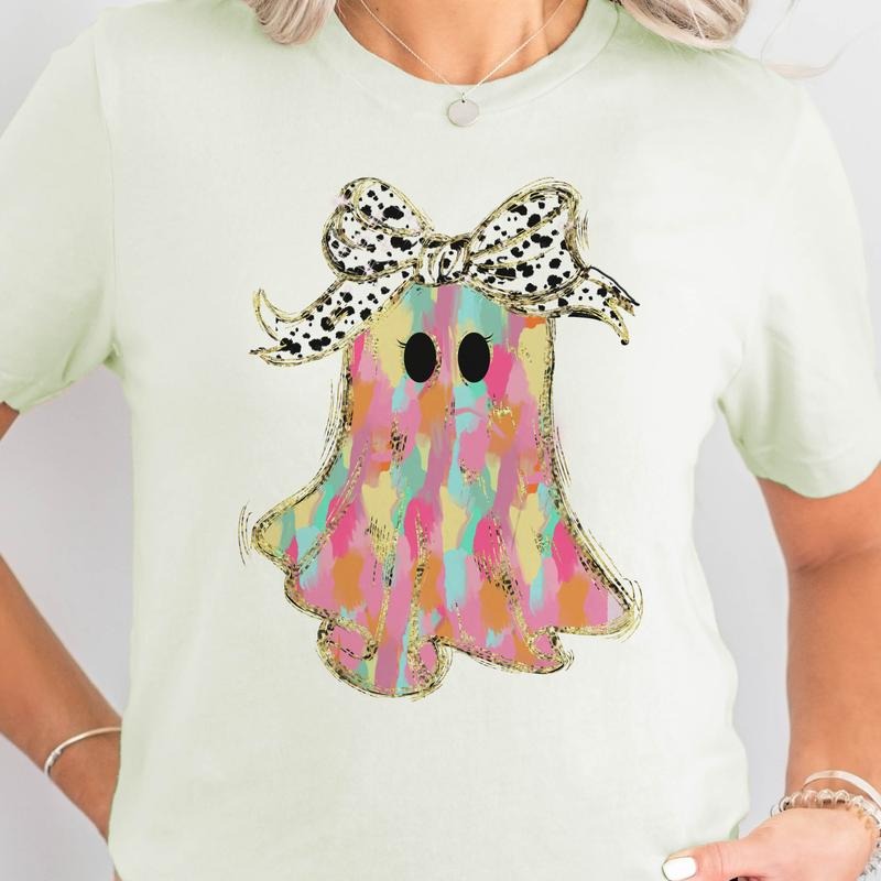 Multi Color Ghost Tee Brush Stroke Ghost Tshirt Coquette Colorful Ghost T-shirt Halloween Gold Outline Ghost Top Womens...