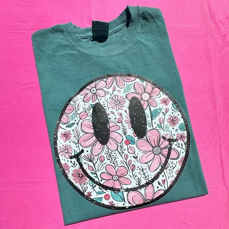 Muted Florals Happy Face Comfort Colors T-Shirt 'NLB' Hoodie, Sweatshirt | HypeCrazeTee.com