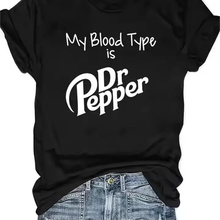 My Blood Type Is Dr Pepper Print Polyester Breathable Vintage Graphic Tee Shirt Crew Neck Casual T Shirts For Women...