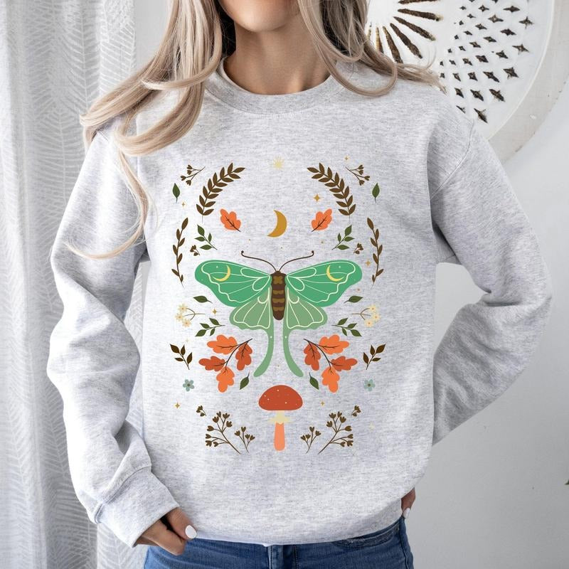 Mystical Moth and Moon, Enchanted Floral Night Sky Sweatshirt T-Shirts, Hoodie | HypeCrazeTee.com