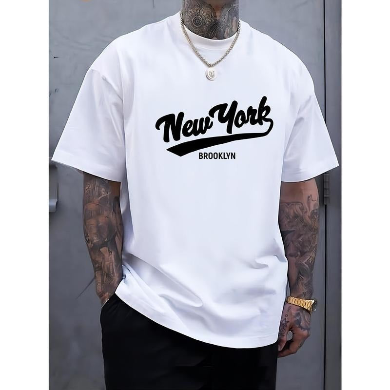 NEW YORK Print Men's Round Crew Neck Short Sleeve Tee, Fashion T-Shirt, Comfy Breathable Casual Sports Top For Spring...