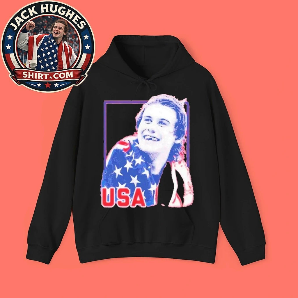 NHL star Jack Hughes is celebrating his gold medal victory at the 2026 Olympics with Team USA Shirt