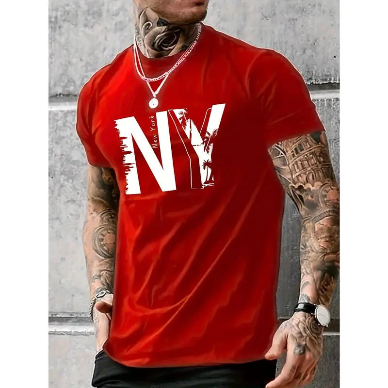 NY Print Men's Chic Cotton Blend Short Sleeve Crew Neck T-shirt, Summer Outdoor, Beach Holiday Made in USA Hoodie, Sweatshirt