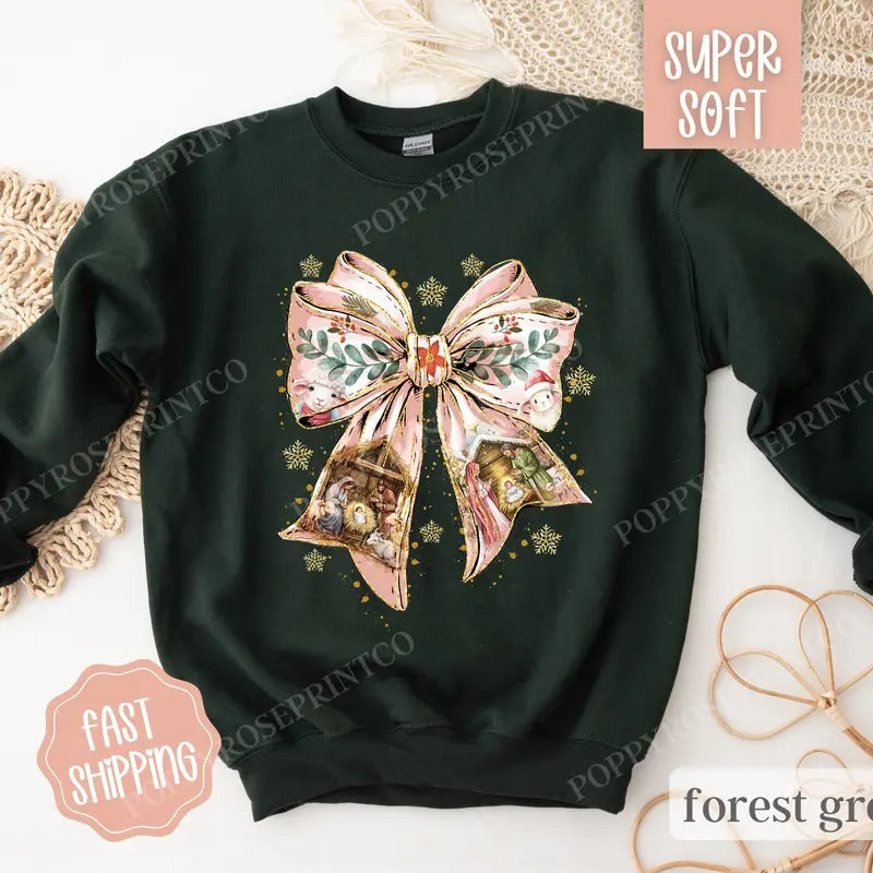 Nativity Bow Christmas Sweatshirt, Religious Christmas Sweater, Women's Holiday Crewneck T-Shirts, Hoodie | HypeCrazeTee.com