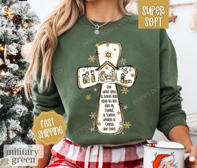 Nativity Christmas Sweatshirt, Religious Christmas Sweater, Women's Holiday Crewneck T-Shirts, Hoodie | HypeCrazeTee.com