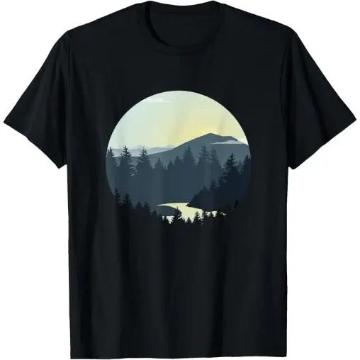 Navy Sunrise Mountain and Forest Scene Silhouette Graphic T-Shirt Made in USA Hoodie, Sweatshirt | HypeCrazeTee.com