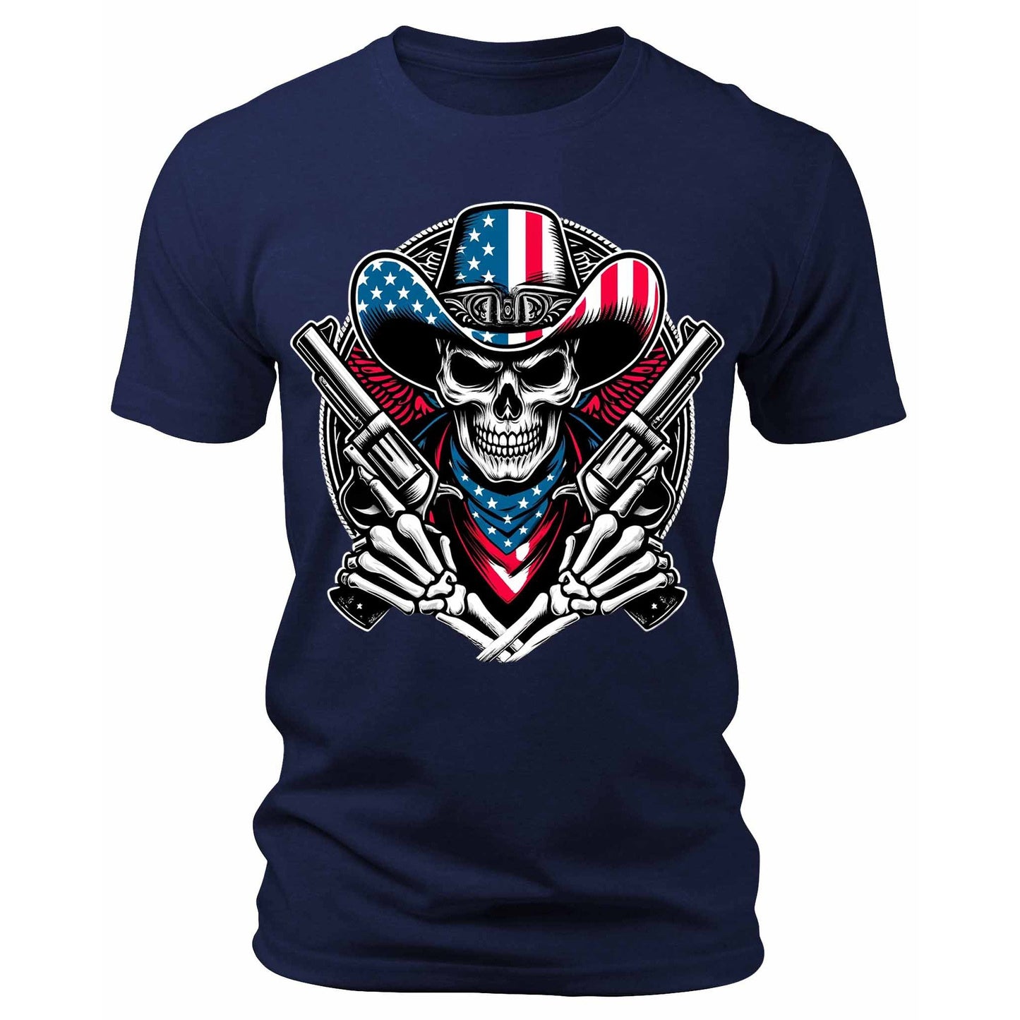 Men's Patriotic Skeleton Cowboy T-Shirts Short Sleeve Crewneck Graphic Tees