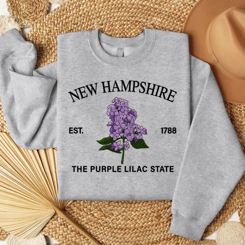 New Hampshire Purple Lilac Embroidered State Flower Sweatshirt, Hometown Embroidered Shirt, Favorite Flower Embroidered...