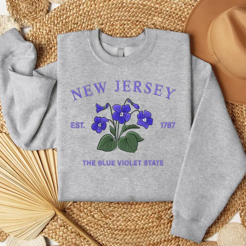 New Jersey Blue Violet Embroidered State Flower Sweatshirt, Hometown Embroidered Shirt, Favorite Flower Embroidered Shirt...