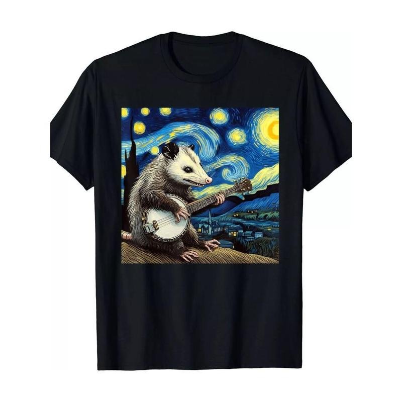 New Limited Edition Fun Possum T-Shirt, Possum Playing Banjo, Starry Night Fun T-Shirt-180g-100% Cotton T-Shirt Casual...