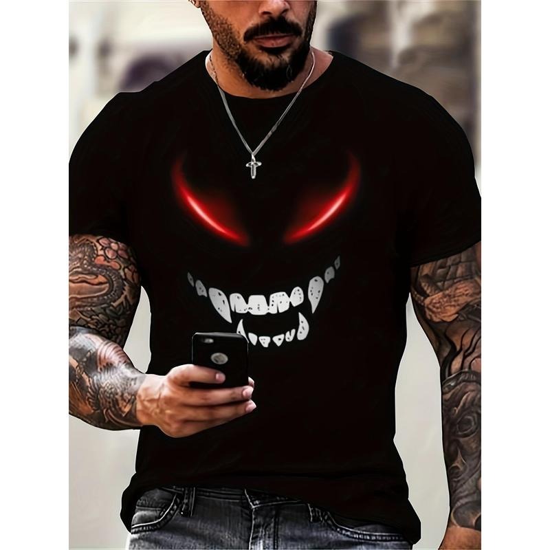 New Summer Trend Men's Short Sleeve Devil Smile Print Crew Neck T-shirt, Comfortable Leisure Sports Loose Fashion Top for...