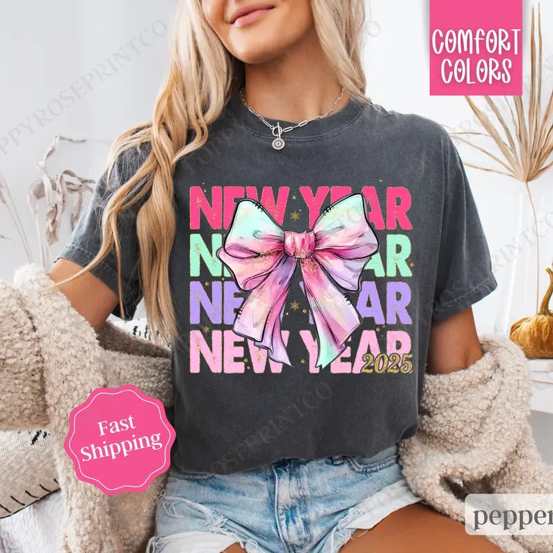 New Year Bow Shirt, NYE 2025 Tee,  Happy New Year Tshirt Hoodie, Sweatshirt | HypeCrazeTee.com