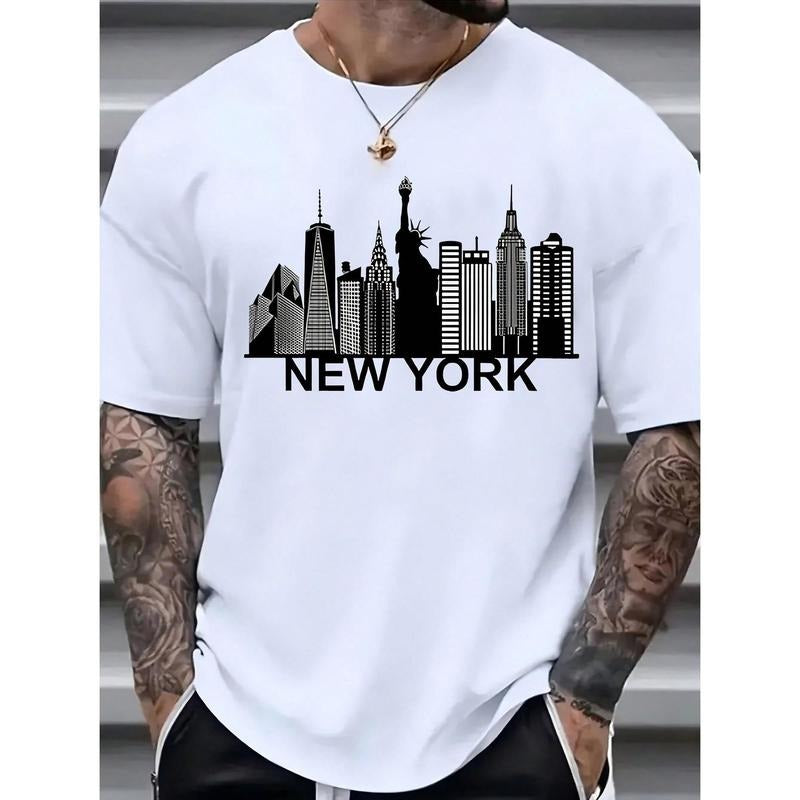 New York Cityscape Printed Men'S Cotton T-Shirt - Casual Crew Neck, Short Sleeve, Breathable Machine Washable