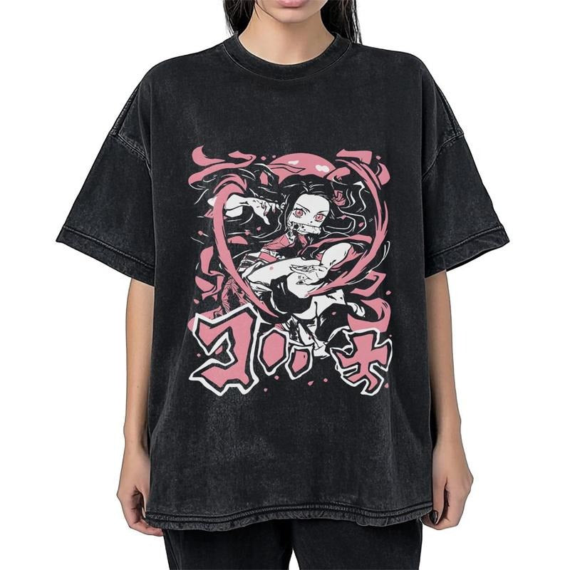 Nezuko Kamado Tee, Demon Slay Anime  Washed Fabric T-shirt, Anime Tee, Unisex Black Gift For Anime Fans, Otaku gift 25723...