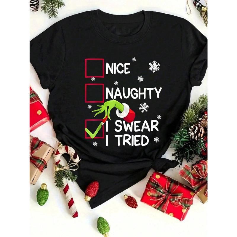 Nice Naughty I Tried Graphic Funny Christmas Crew Neck Short Sleeve T-Shirt, Casual Women Clothes For Fall And Winter...