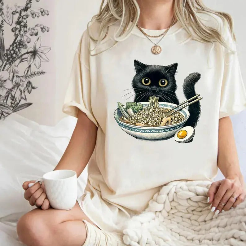 Noodle Cat Shirt, Ramen Cat T-Shirt, Foodie Lover Shirts, Black Cat Noodle Long Sleeve , Retro Cat Tees, Cat Lover Gift...