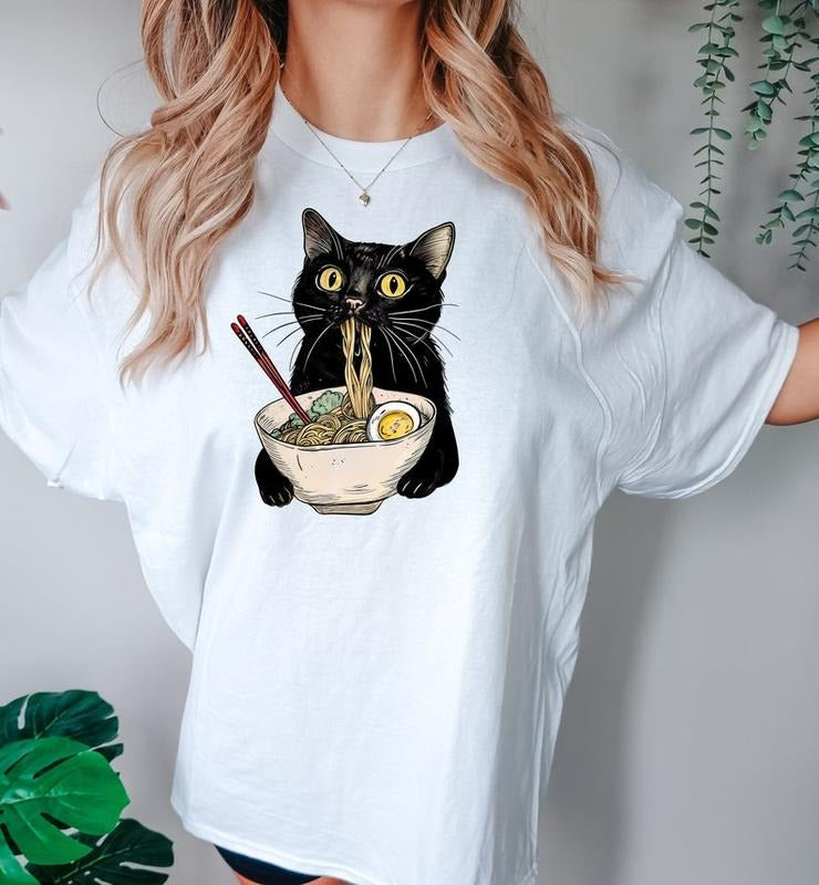Noodle Cat Shirt, Ramen Cat T-Shirt, Foodie Lover Shirts, Black Cat Noodle T-Shirts, Retro Cat Tees, Cat Lover...