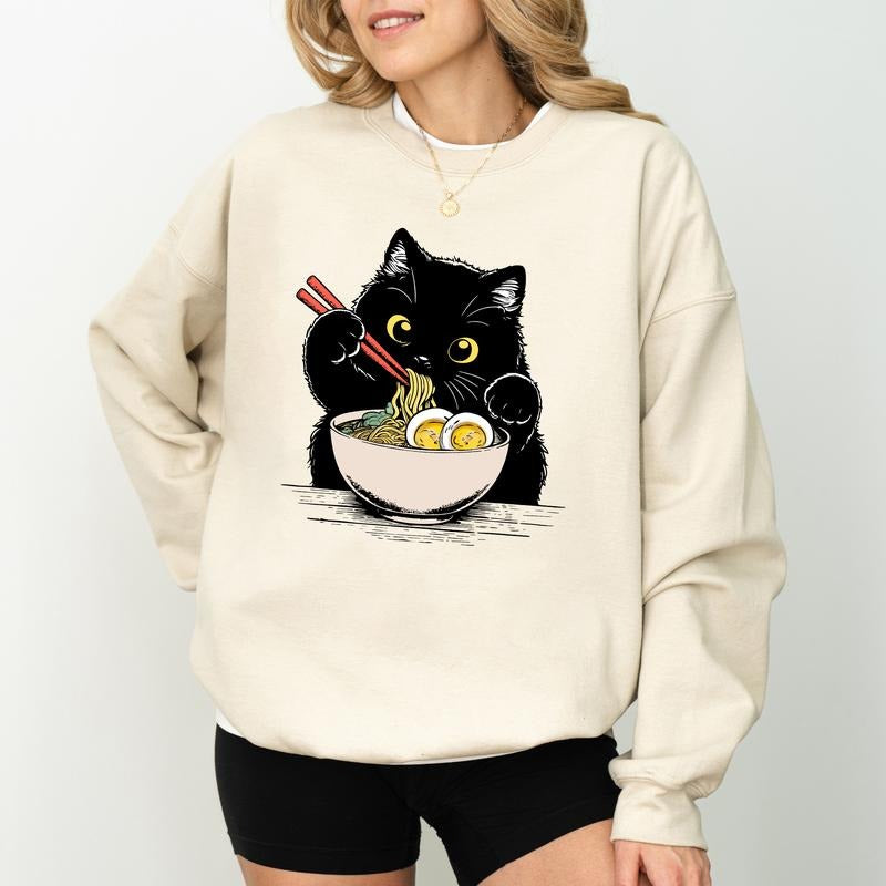 Noodle Cat Sweatshirt, Cute Black Cat With Ramen Crewneck, Cat Lover Long Sleeved Pullover, Anime Lover Unisex Sweater...