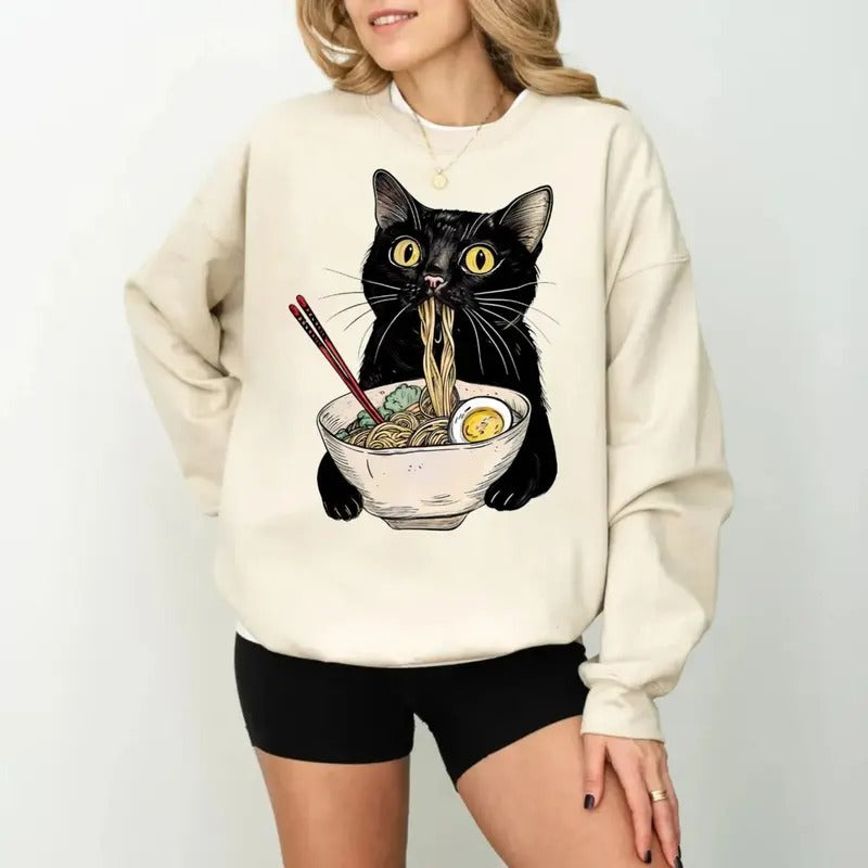 Noodle Cat Tshirt Sweatshirt Hoodie, Ramen Cat Shirt, Foodie Lover Shirts, Black Cat Lover Sweatshirts, Unisex Sweater...