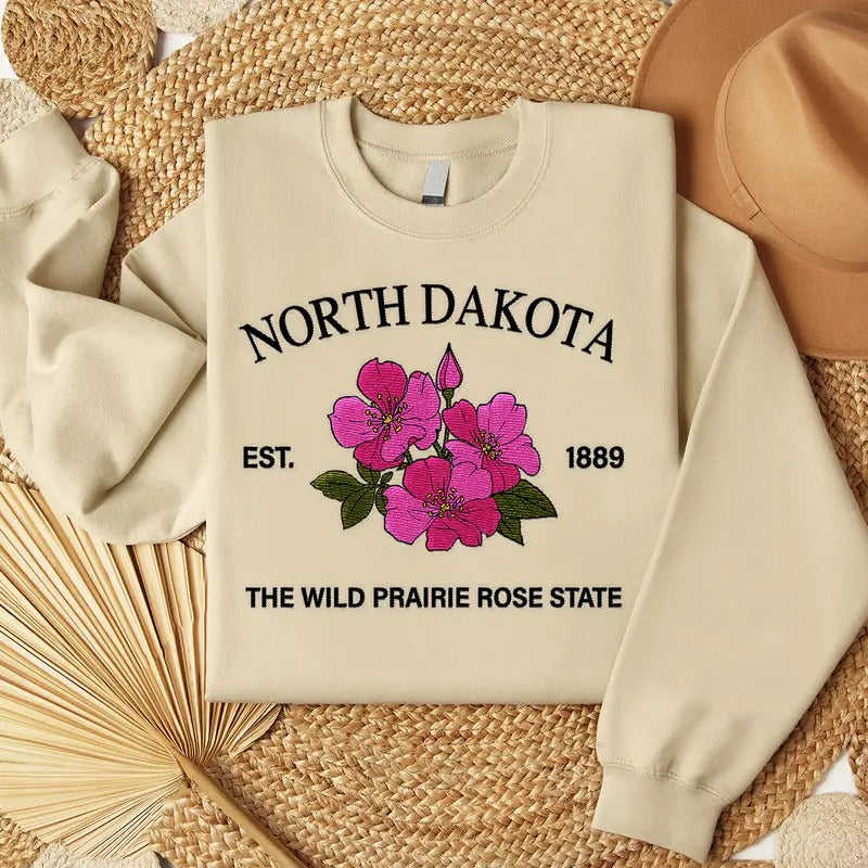 North Dakota Wild Prairie Rose Embroidered State Flower Sweatshirt, Hometown Embroidered Shirt, Favorite Flower...