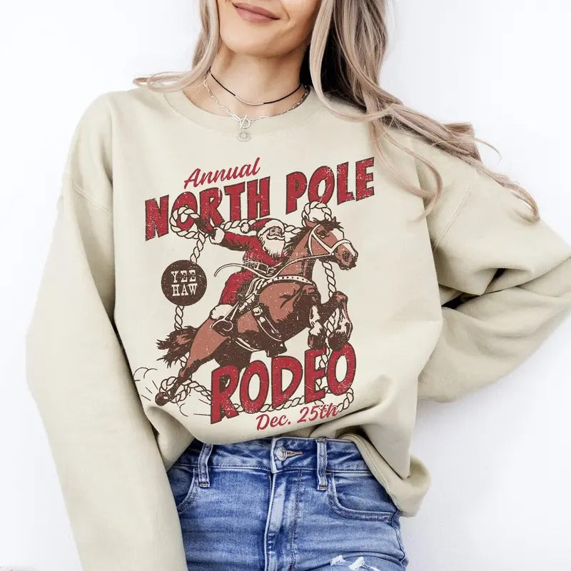 North Pole Rode Santa Western Cowboy Yee Haw Horse Crew Neck T-Shirts, Hoodie, Sweatshirt