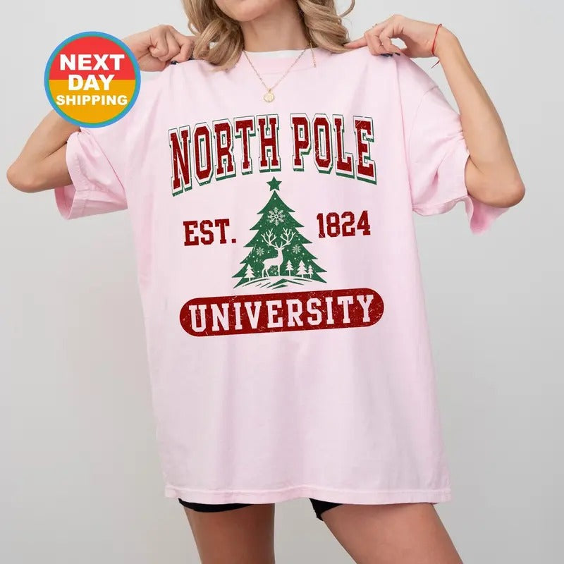 North Pole University, Christmas Sweatshirt, Comfort Color Tshirt, North Pole Shirt, Holiday Sweatshirt, Santa, Reindeer,...