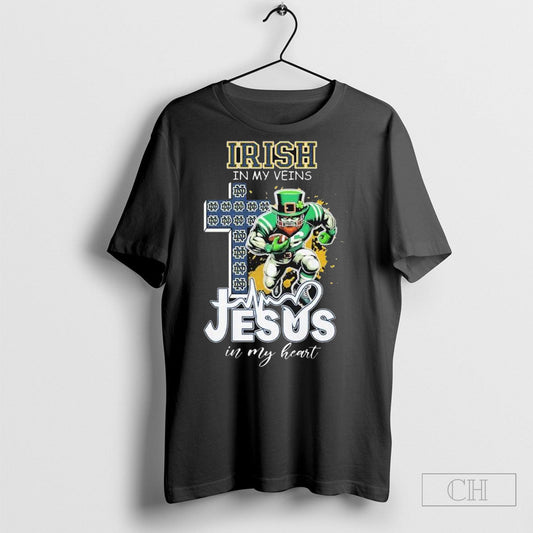 Notre Dame Irish Fighting In My Veins Jesus In My Heart Cross Mascot T Shirt